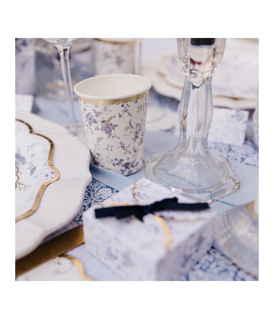 8 Gobelets Toile de Jouy Blanc Bleu et Or