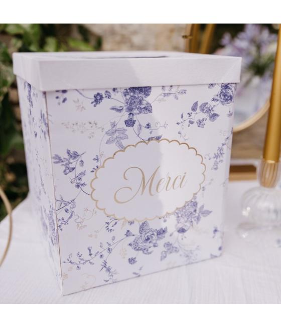 Urne Merci Toile de Jouy Blanc, Bleu et Or