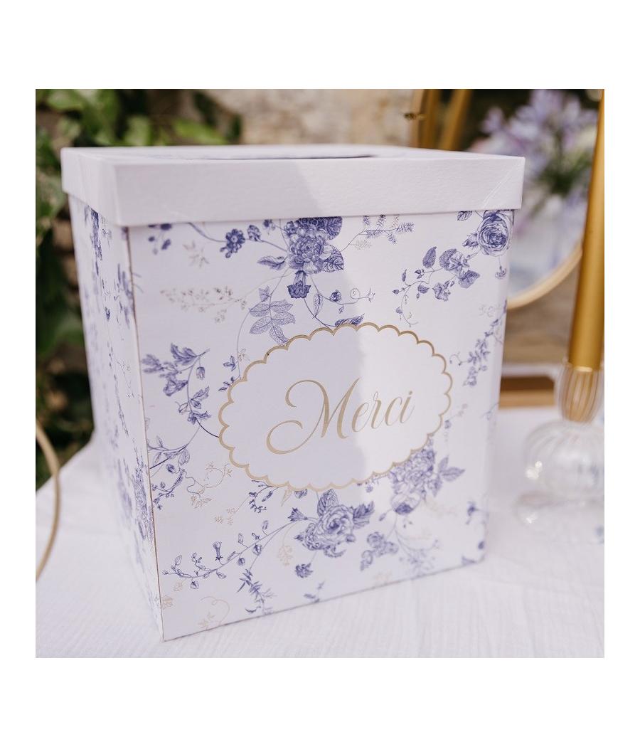Urne Merci Toile de Jouy Blanc, Bleu et Or