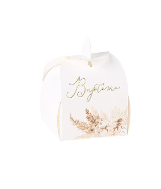 10 Contenants Bapteme Pampas Fleurs de Coton et Or 5 x 7 cm