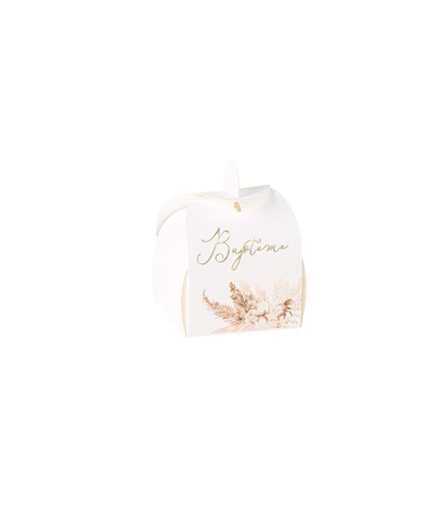 10 Contenants Bapteme Pampas Fleurs de Coton et Or 5 x 7 cm