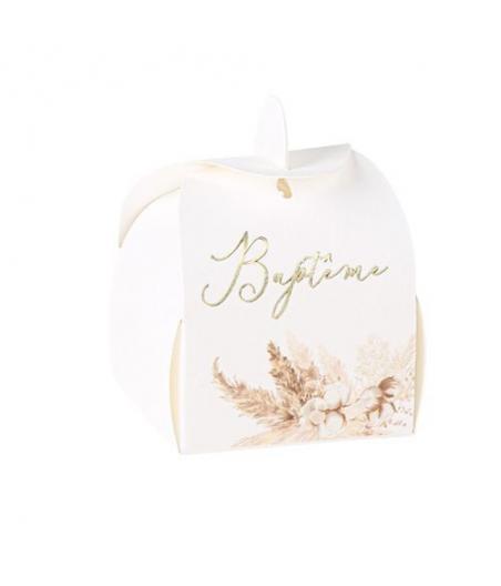 10 Contenants Bapteme Pampas Fleurs de Coton et Or 5 x 7 cm