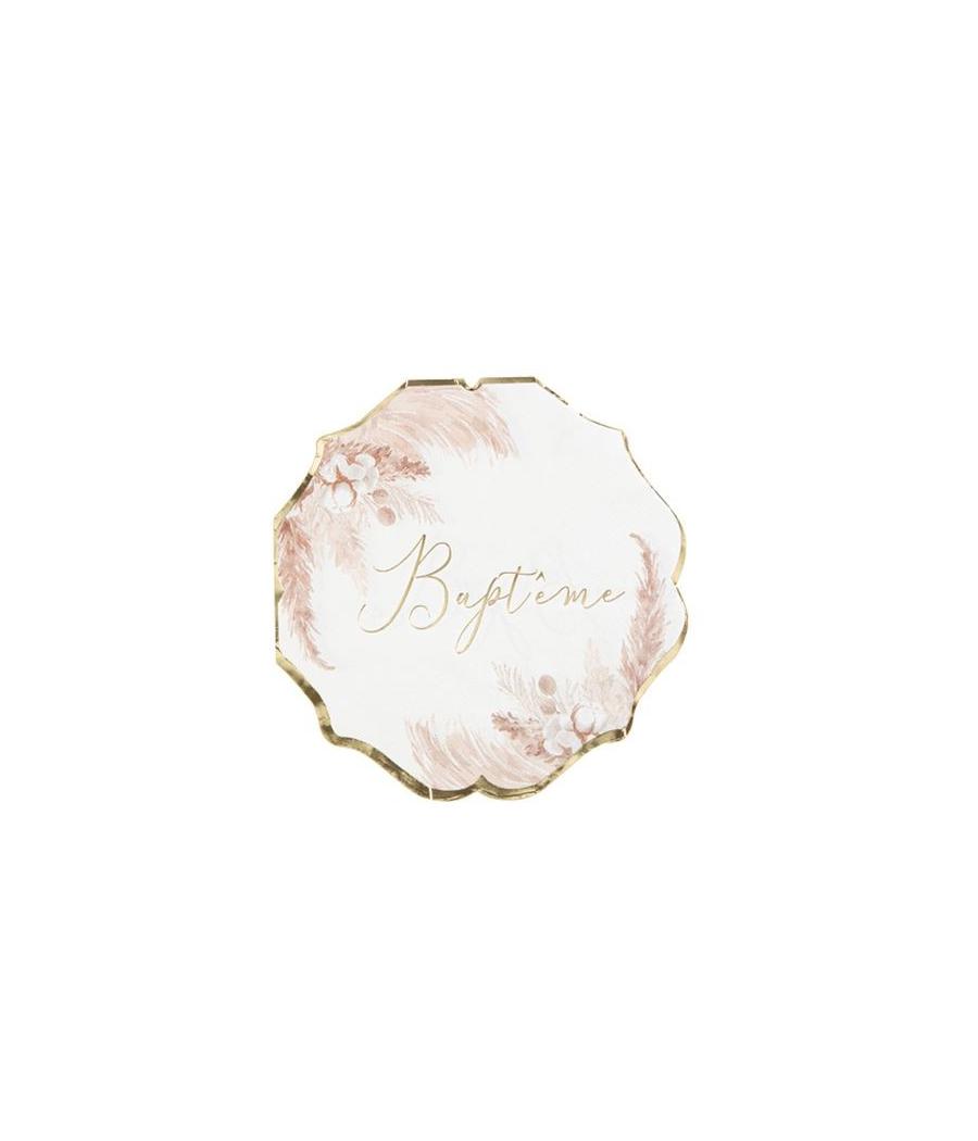 16 Serviettes Bapteme Pampas Fleurs de Coton et Or