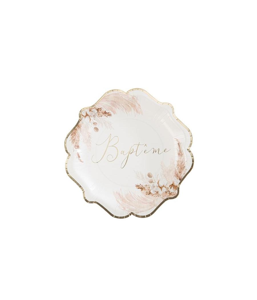 8 Assiettes Bapteme Pampas Fleurs de Coton et Or
