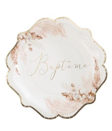 8 Assiettes Bapteme Pampas Fleurs de Coton et Or