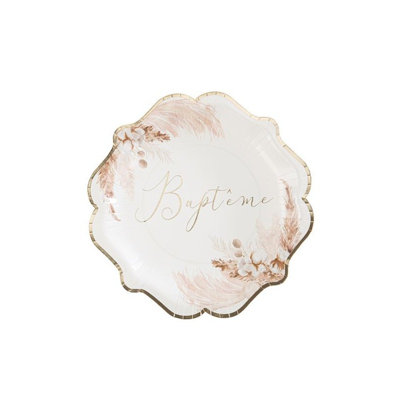 8 Assiettes Bapteme Pampas Fleurs de Coton et Or