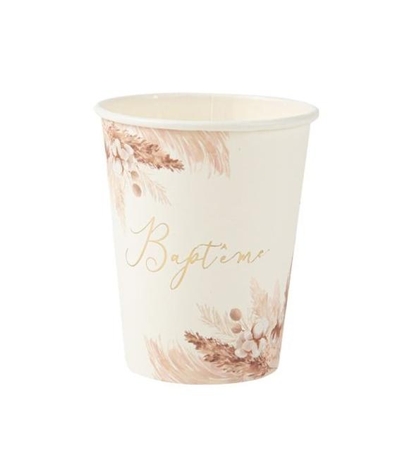 8 Gobelets Bapteme Pampas Fleurs de Coton et Or