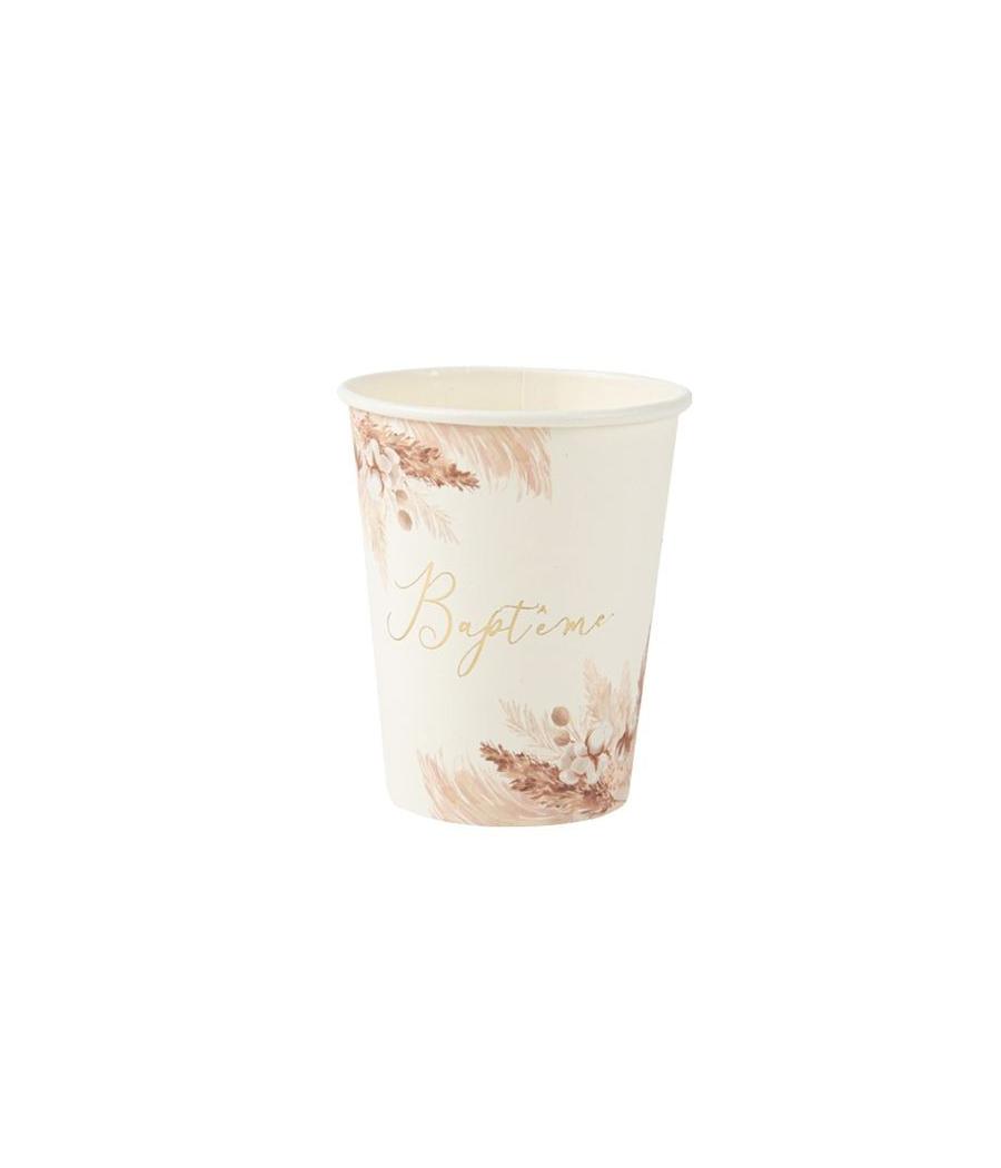 8 Gobelets Bapteme Pampas Fleurs de Coton et Or