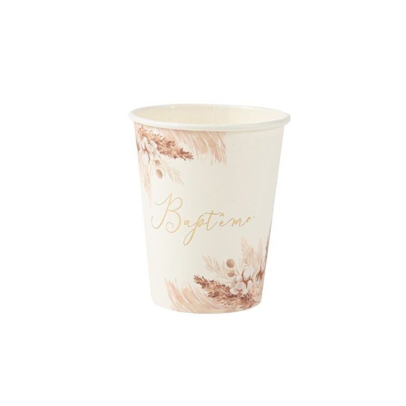 8 Gobelets Bapteme Pampas Fleurs de Coton et Or