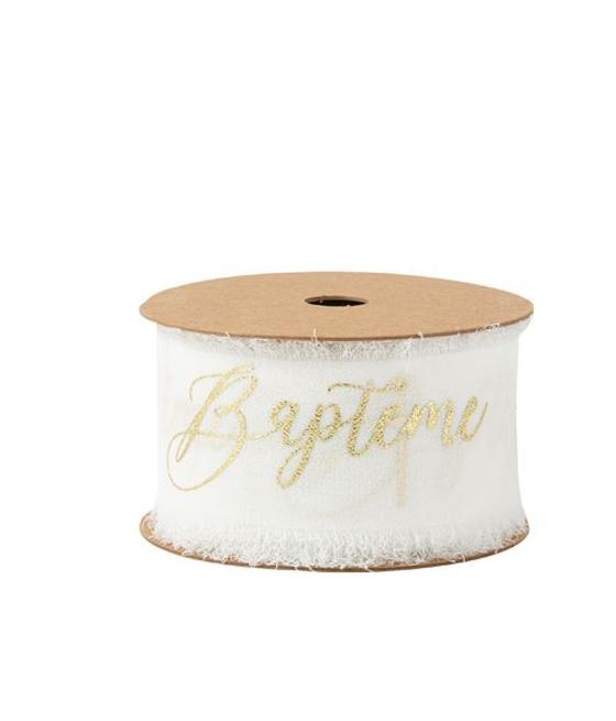 Ruban Effiloche Baptême Mousseline de Soie Blanche et Or