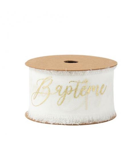 Ruban Effiloche Baptême Mousseline de Soie Blanche et Or