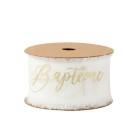Ruban Effiloche Baptême Mousseline de Soie Blanche et Or