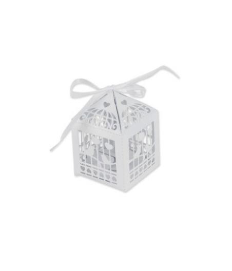 20 Contenants Cages à Oiseaux Blanc 5x7.5cm + Ruban satin blanc