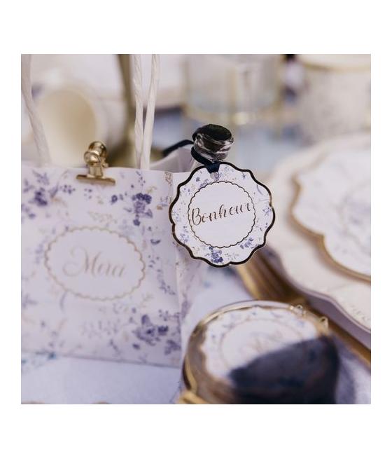 10 Étiquettes Toile de Jouy Blanc, Bleu et Or et Ruban Satin Bleu