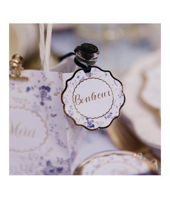 10 Étiquettes Toile de Jouy Blanc, Bleu et Or et Ruban Satin Bleu