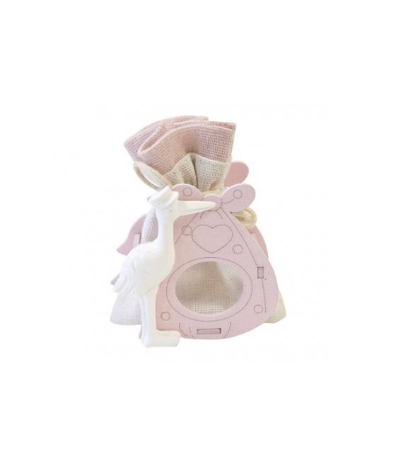Sachet en toile dans support en bois avec cigogne Rose