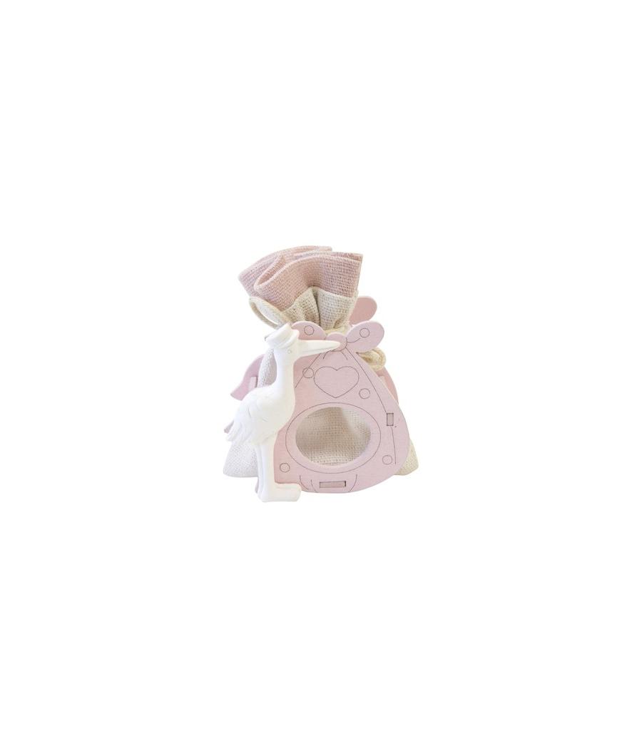 Sachet en toile dans support en bois avec cigogne Rose