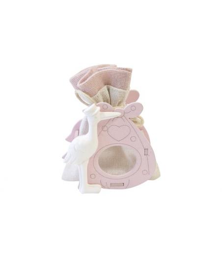 Sachet en toile dans support en bois avec cigogne Rose