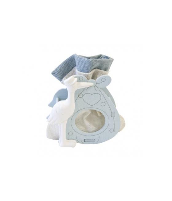 Sachet en toile dans support en bois avec cigogne Ciel