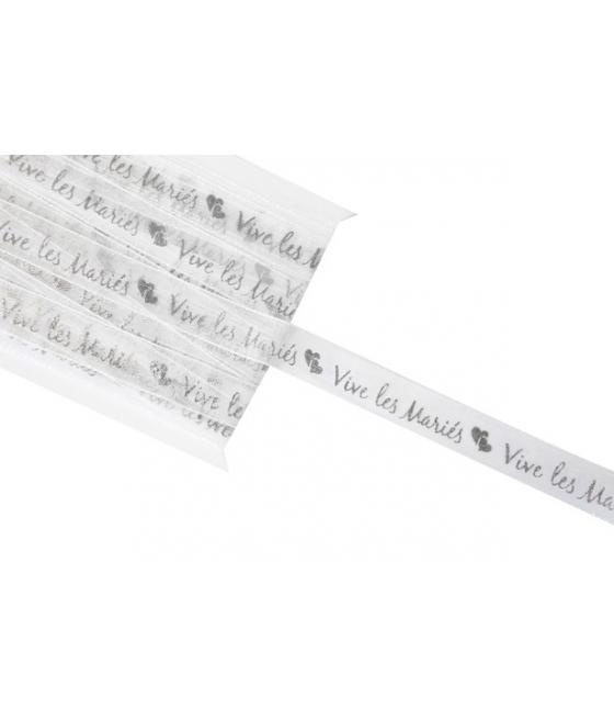 Ruban organza impression métal Vive les mariés 5 m Argent