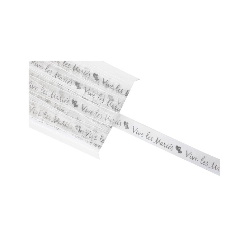 Ruban organza impression métal Vive les mariés 5 m Argent