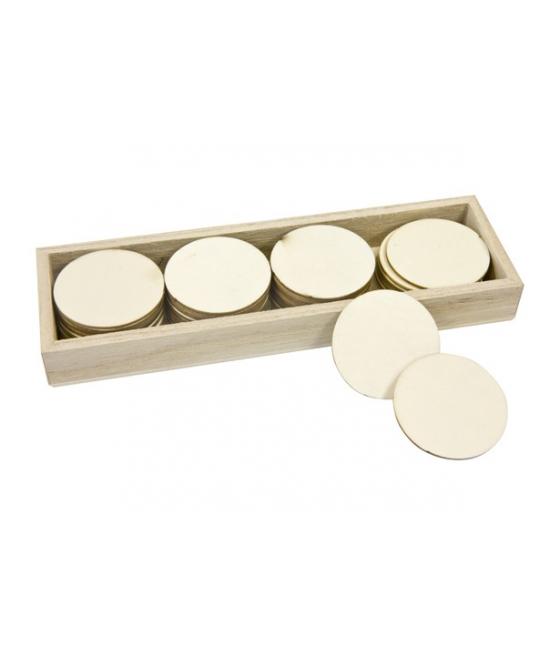 Disque en bois (x 36) dans boite en bois