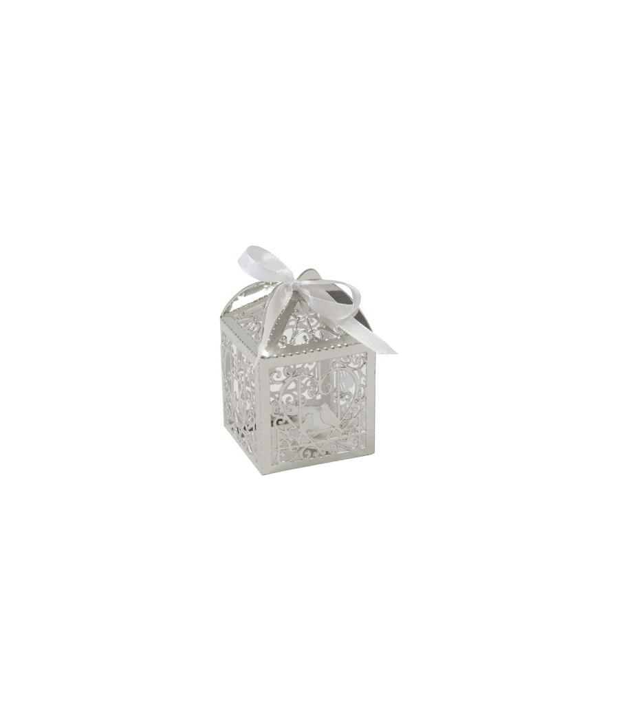 Boite carton métallisé coeur et colombes à monter (x 10) Argent
