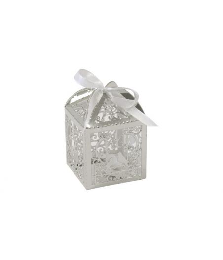 Boite carton métallisé coeur et colombes à monter (x 10) Argent