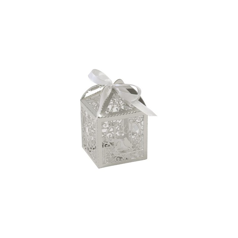Boite carton métallisé coeur et colombes à monter (x 10) Argent