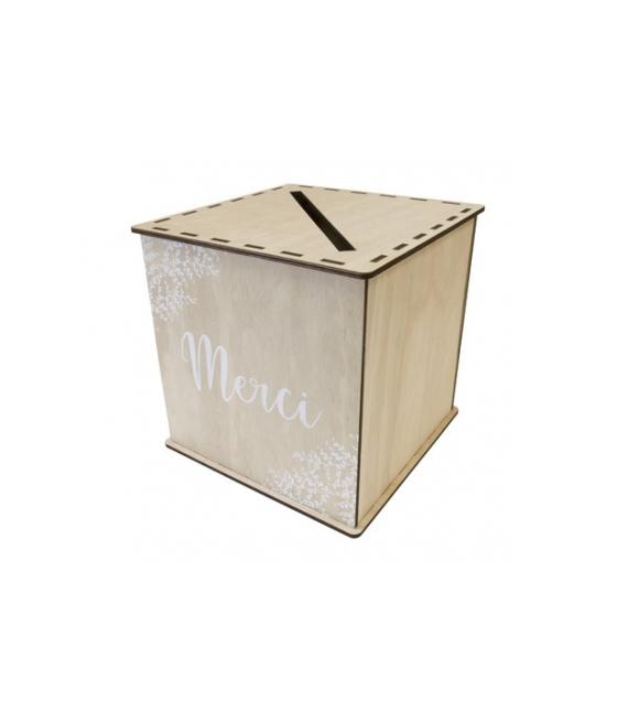 TIRELIRE EN BOIS IMPRESSION BLANCHE MERCI AVEC DECO FLORALE