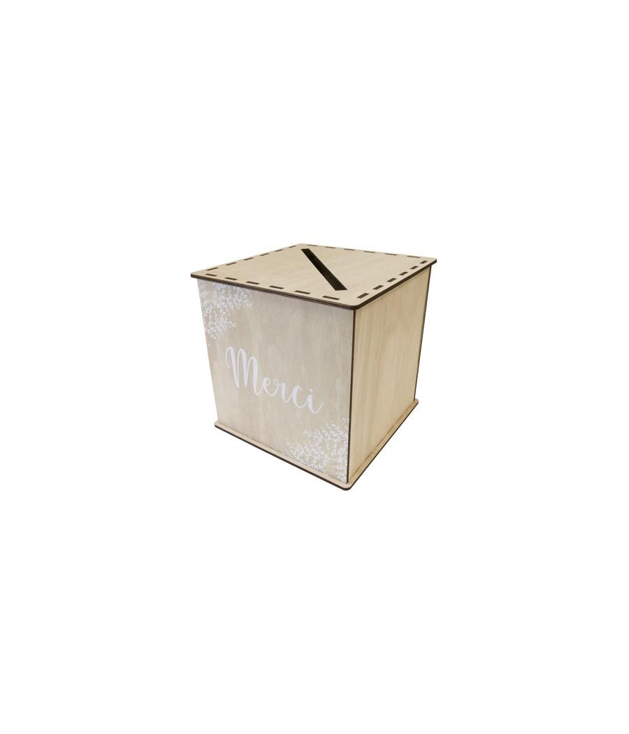 TIRELIRE EN BOIS IMPRESSION BLANCHE MERCI AVEC DECO FLORALE