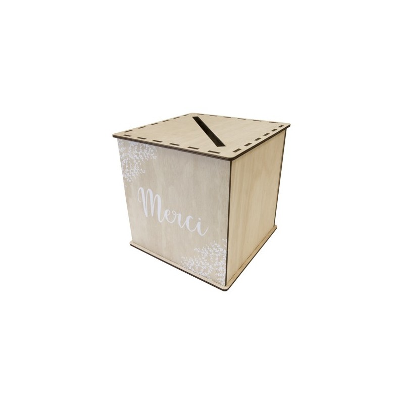 TIRELIRE EN BOIS IMPRESSION BLANCHE MERCI AVEC DECO FLORALE