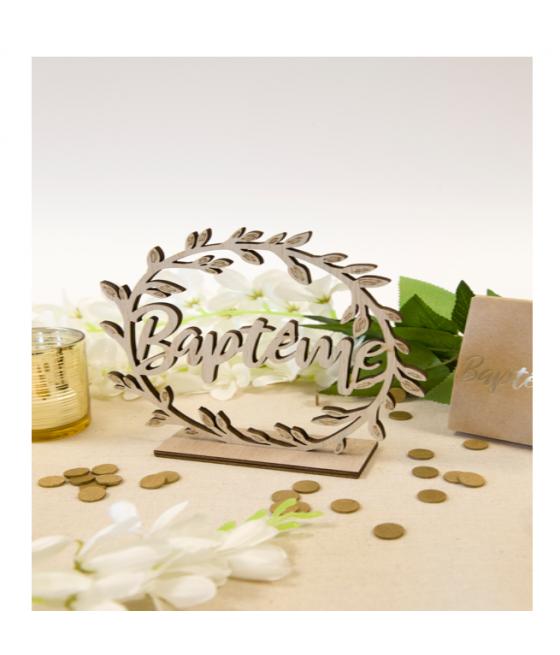 Baptême décor de table rond en bois sur socle