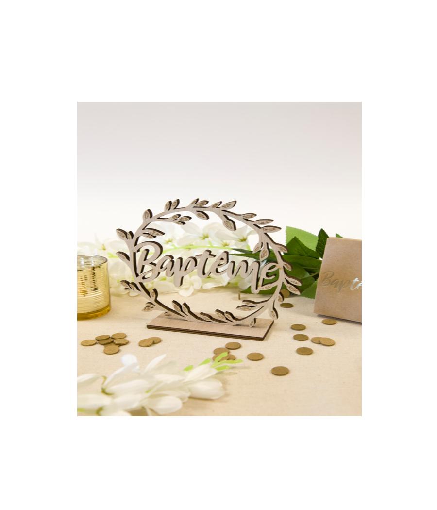 Baptême décor de table rond en bois sur socle