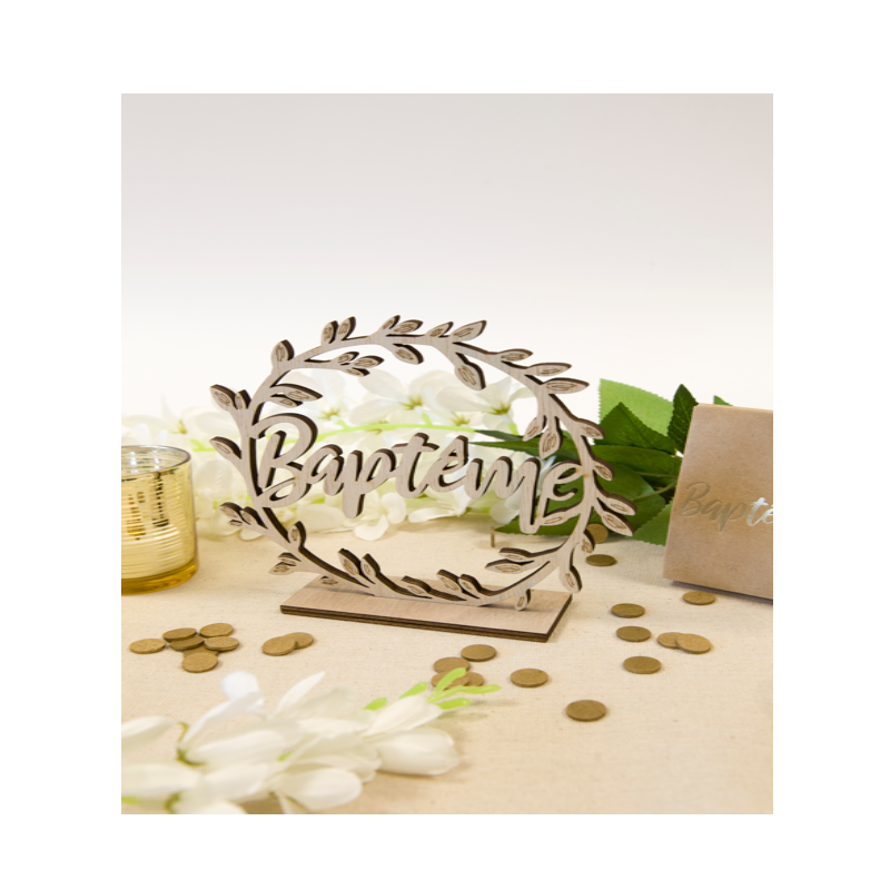 Baptême décor de table rond en bois sur socle