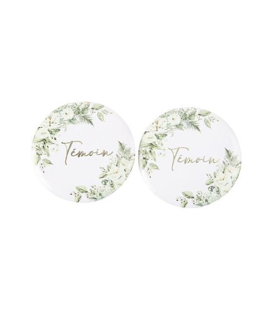 2 Badges "Témoin" Botanique Feuillages et Or Ø5cm