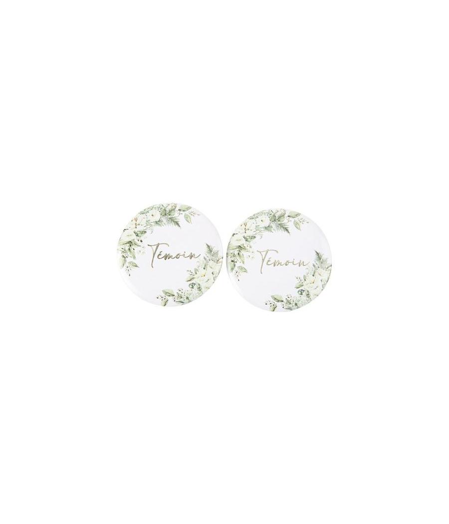 2 Badges "Témoin" Botanique Feuillages et Or Ø5cm