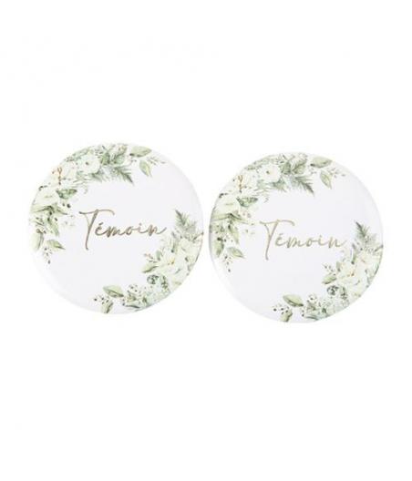 2 Badges "Témoin" Botanique Feuillages et Or Ø5cm