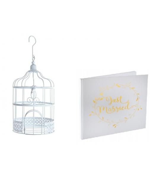 Pack Urne cage blanche + Livre d'or Mariage Blanc et Or