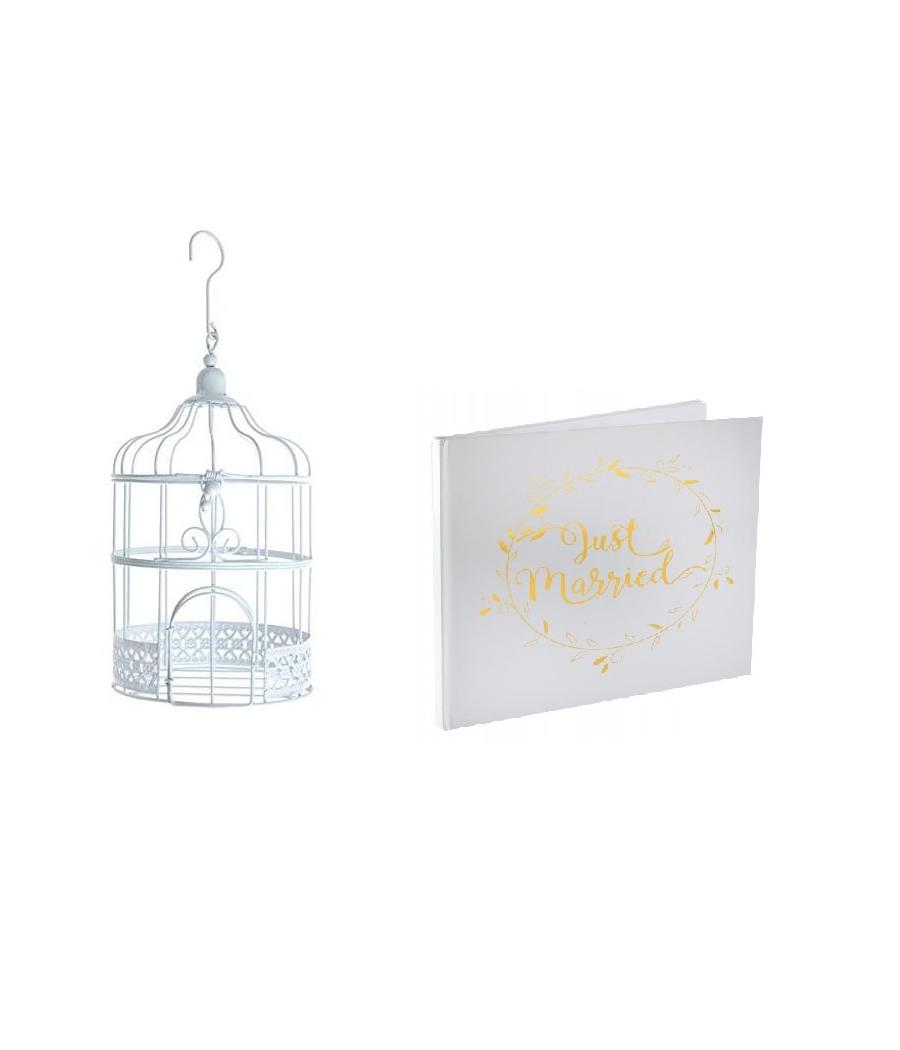 Pack Urne cage blanche + Livre d'or Mariage Blanc et Or