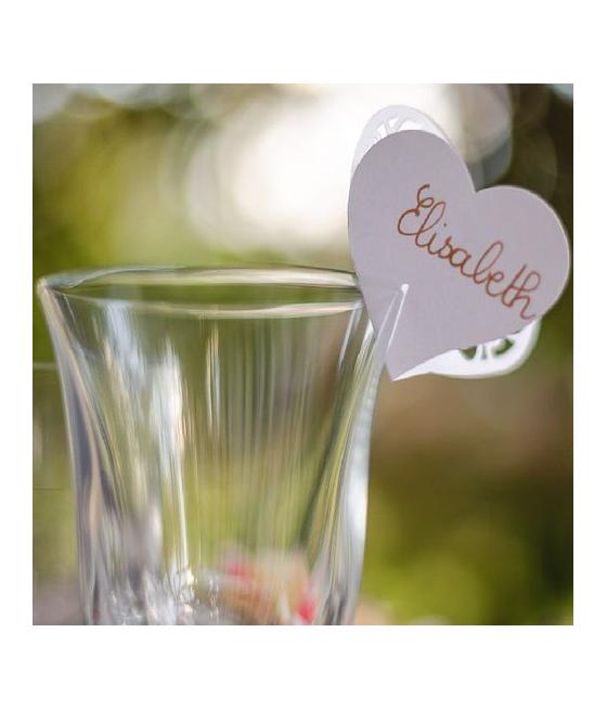 10 Marque-Verres Cœurs Dentelés Blanc