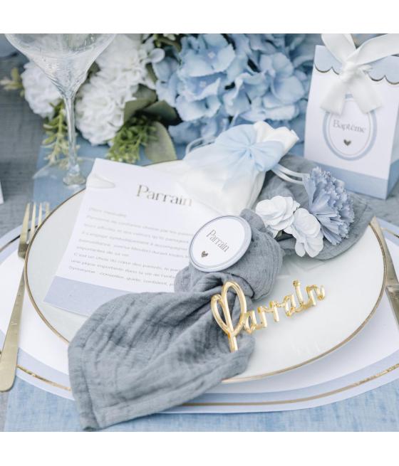 Pochons satin blanc noeud mousseline bleu