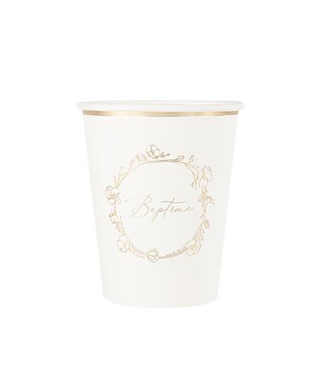 8 Gobelets Baptême Carton Crème et Or 255ml