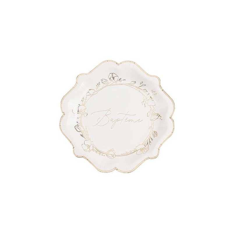 8 Assiettes Baptême Carton Crème et Or